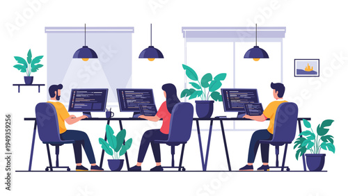 Professional software developers collaborating on complex projects in a modern and well equipped office environment.