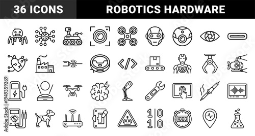 Robotics and industrial automation technical monoline elements for engineering dashboards. Precision black and white hardware and ai symbols.