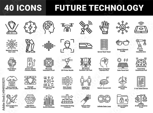 Future technology and industrial automation line graphics. Technical monoline symbols featuring artificial intelligence, robotics, and smart energy concepts.