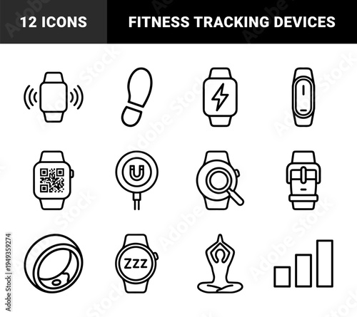 Smart wearable technology and fitness tracking interface elements featuring biometric sensors and health monitoring monoline pictograms.