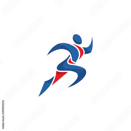 Dynamic abstract runner illustration in blue and red. Stylized sprinting athlete icon representing speed, sport, and movement.