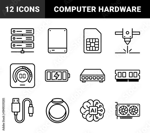 Hardware components and digital infrastructure elements for technical documentation. Clean monoline pictograms representing computing power and connectivity.