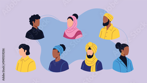 Collection of diverse people avatars representing various ethnicities and cultures shown against a purple background.