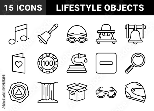 Diverse lifestyle and utility elements in a bold monoline aesthetic. Black and white graphic symbols for web interface and application design.