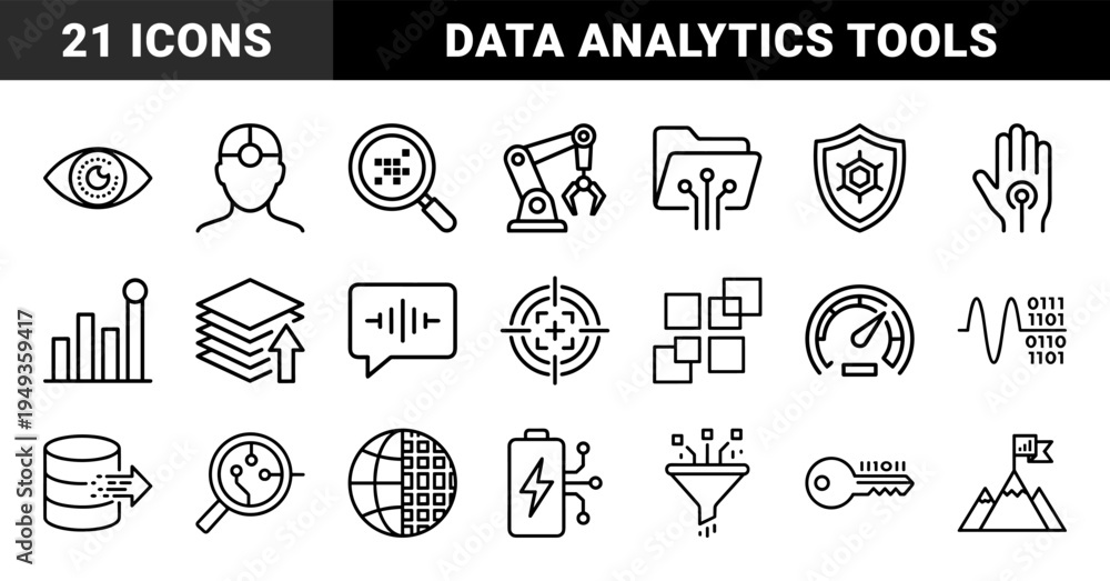 Fototapeta premium Data analytics and artificial intelligence technical monoline elements for digital infrastructure. Bold geometric pictograms for cybersecurity and cloud processing.