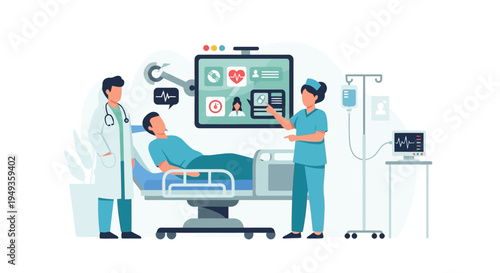 Digital Healthcare and Patient Monitoring: Doctor, Nurse, and Patient with Advanced Medical Technology in Hospital Setting