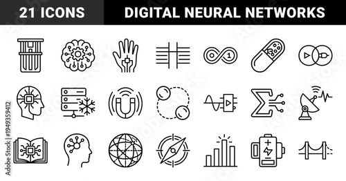 Quantum computing and advanced neural network research elements. Technical monoline pictograms for artificial intelligence and deep learning concepts.