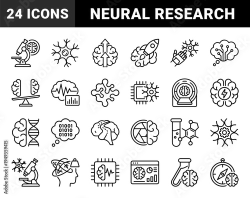 Artificial intelligence and neuroscience research elements in technical monoline style. Neural networks and cognitive computing pictograms for biotech presentations.