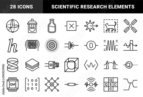 Quantum physics and mechanics research symbols in technical monoline style. Scientific diagrams featuring particle theory and laboratory data concepts.