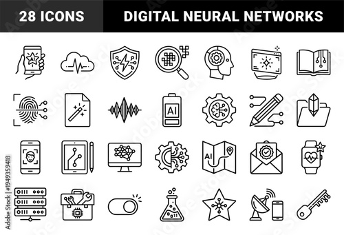 Artificial intelligence and machine learning technology symbols in a technical monoline aesthetic for digital transformation and data processing interface design.