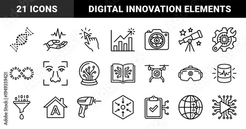 Future technology and data analytics pictograms in a clean monoline style featuring artificial intelligence, biotech, and digital transformation concepts.