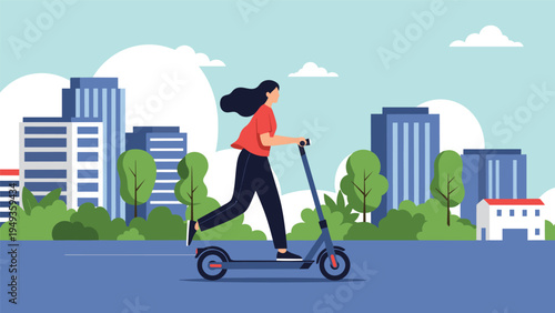 Young woman riding an electric scooter through a modern city park with skyscrapers in the background.