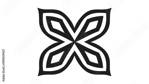 Abstract geometric leaf Black and white symmetrical four petal knot pattern with thick curved lines monochrome