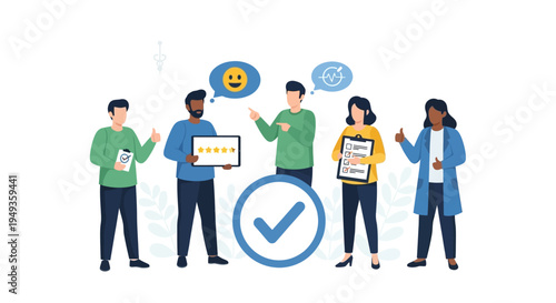 Excellent Patient Satisfaction & Quality Service in Healthcare. Diverse Team Giving Positive Feedback and 5-Star Ratings.