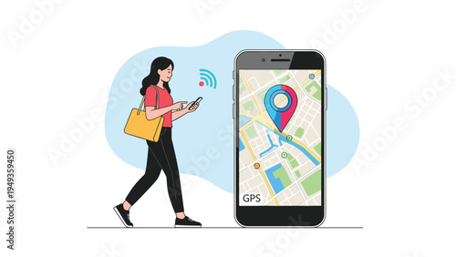 Young woman walking and using a GPS navigation app on her smartphone to find her way in the city.