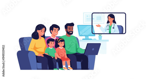 Family Telemedicine Video Call: Parents and Children Consult Doctor Online from Home