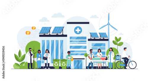 Sustainable Healthcare System with Green Hospital, Medical Staff, Solar Panels, Wind Turbine & Recycling. Eco-Friendly Wellness Center