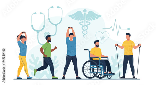 Inclusive Health & Wellness: Diverse People Exercising, Running, Stretching, and Rehabbing for Active Lifestyle with Medical Support