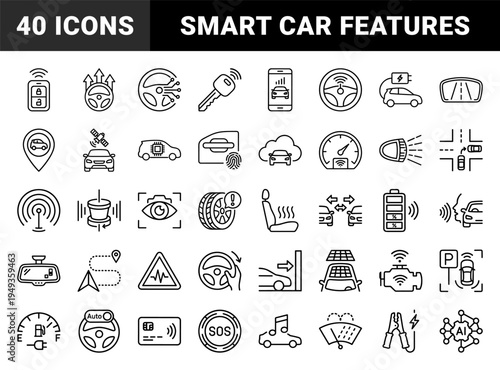 Smart vehicle technology and autonomous driving features in a technical monoline style for automotive interface and software development.