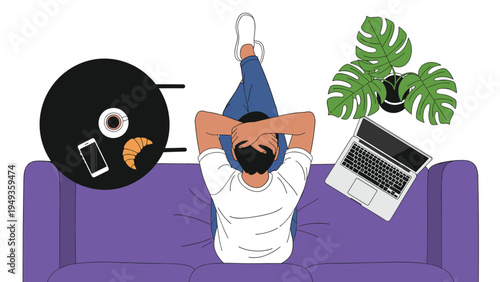 Top down view of a person relaxing on a purple couch with a laptop, coffee, and a plant in a cozy room.