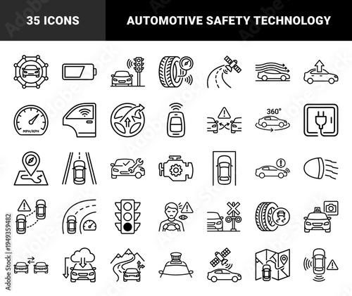 Autonomous driving systems and smart vehicle technology pictograms. Technical monoline linear elements for automotive safety and navigation interfaces.