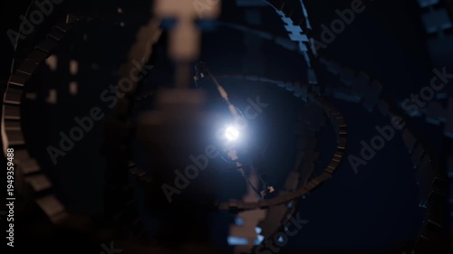 Abstract futuristic rotating gyroscope on a dark background. Seamless animation.