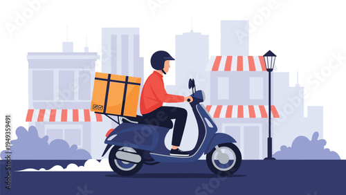 Delivery courier riding a blue scooter through a city street with a large package box on the back.