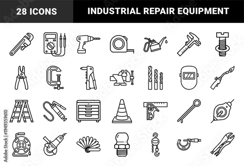Industrial maintenance and construction hardware elements for technical manuals. Bold monolinear pictograms featuring heavy duty engineering and repair tools.
