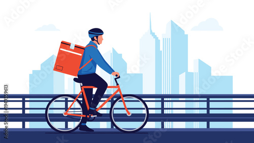Food delivery courier riding a bicycle through a city with a large orange thermal bag on his back.