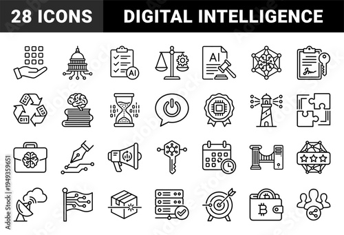 Artificial intelligence governance and digital ethics concepts for corporate compliance. Technical monoline symbols featuring algorithmic law and data security.