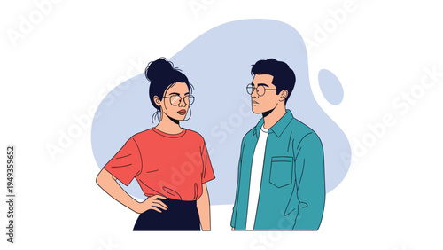 Young man and woman standing together and looking at each other with serious expressions against a blue shape.
