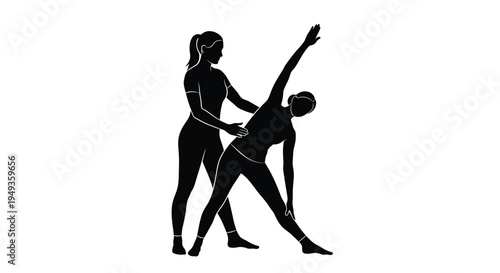 Silhouetted figures demonstrate a yoga pose with assisted stretching