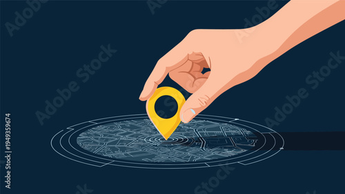 Large human hand placing a yellow location pin icon on a detailed digital city map against a dark background.