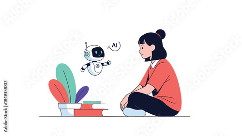 Young woman sitting on the floor and interacting with a small artificial intelligence robot that is flying in the air at home.