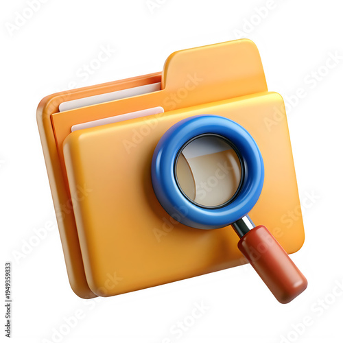 A magnifying glass examining an open folder with documents inside. isolated on transparent background