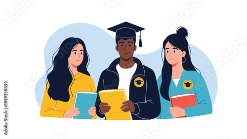 Group of diverse college students including a graduate in a cap and gown holding books while standing together on university campus.