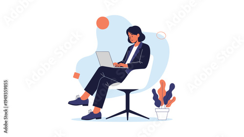 Young businesswoman sitting comfortably in a white chair while working on her laptop computer against a clean background.