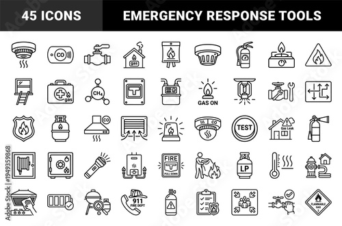 Fire safety and gas leak prevention symbols for residential emergency planning. Technical monoline pictograms featuring smoke detectors and extinguishers.