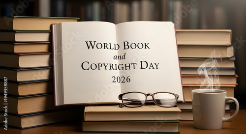 World book and copyright day 2026 open book with glasses and coffee