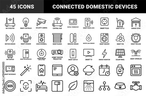 Smart home automation and internet of things ecosystem elements. Technical monoline pictograms for connected domestic devices and residential control systems.