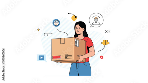 Woman carrying a large cardboard box during a move with digital icons representing logistics and online tracking.