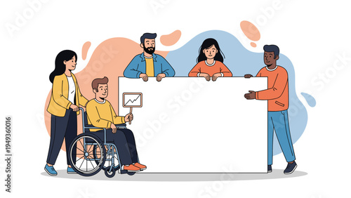 Diverse group of people standing together behind a large blank white banner with one man in a wheelchair during an event.