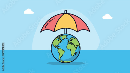 Earth globe under a red and yellow umbrella against a blue sky with clouds representing global climate protection.