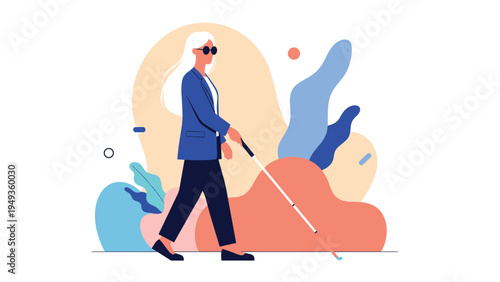 Blind woman wearing a blue jacket and sunglasses walking with a white cane against a colorful abstract background.