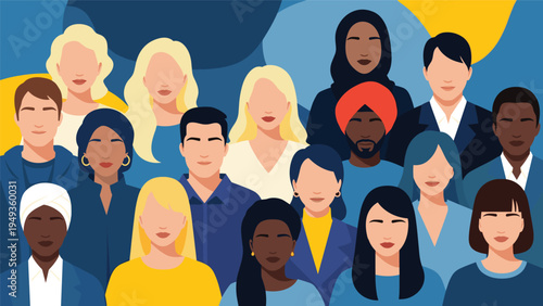 Large group of diverse human faces representing a multicultural community and global population in a modern graphic style.