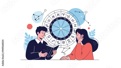 Young couple looking at a circular zodiac wheel chart with astrology symbols and constellations for horoscope reading.