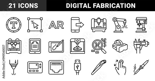 Advanced manufacturing and digital fabrication tools for industrial engineering. Monoline technical pictograms featuring 3D printing and CNC machining.