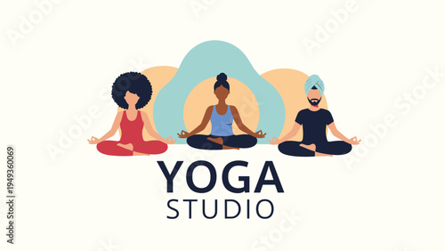 Three people of different backgrounds sitting in cross-legged meditation poses during a yoga class at a studio.