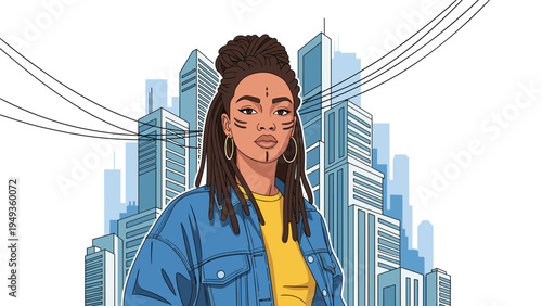 Young woman with dreadlocks and tribal face paint standing confidently in front of a blue city skyscraper background.