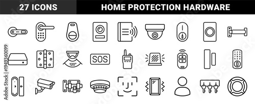 Home security and smart access control systems featuring technical monoline pictograms for residential safety and surveillance monitoring.